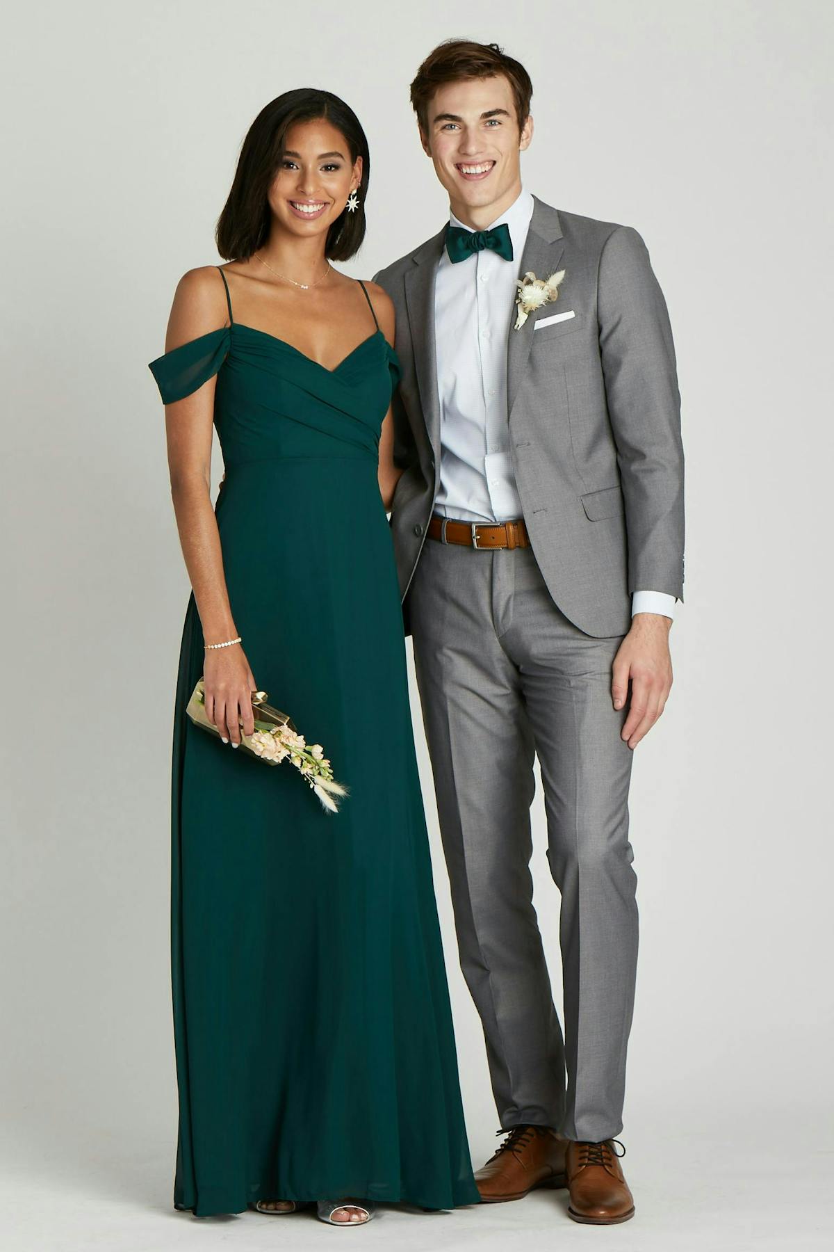 grey suit green bridesmaids dress