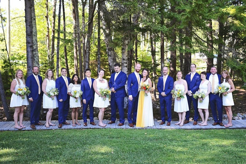Blue suits for groomsmen short bridesmaids dresses