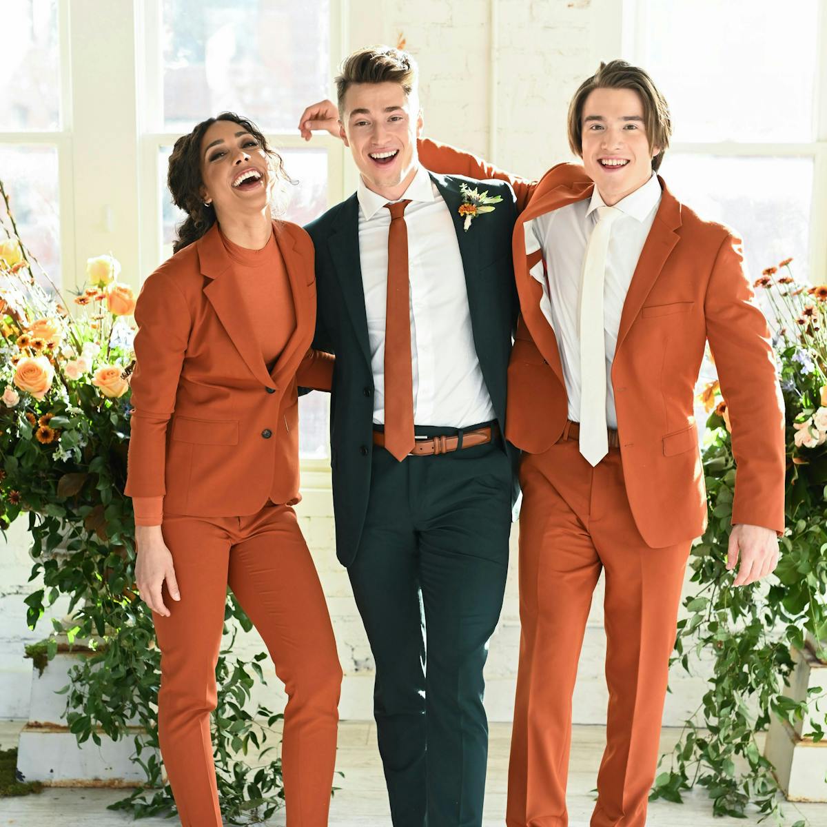 burnt orange wedding suits for men and women